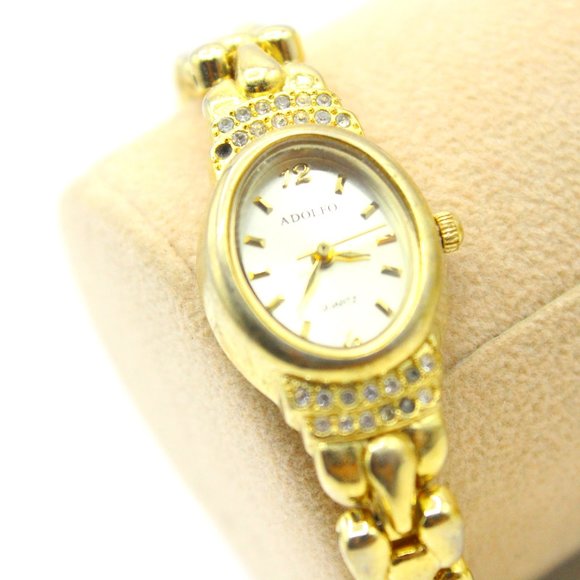 Vintage Adolfo Watch Women's Wristwatch Gold Tone Mother Pearl Round Dial 80's - Picture 1 of 6